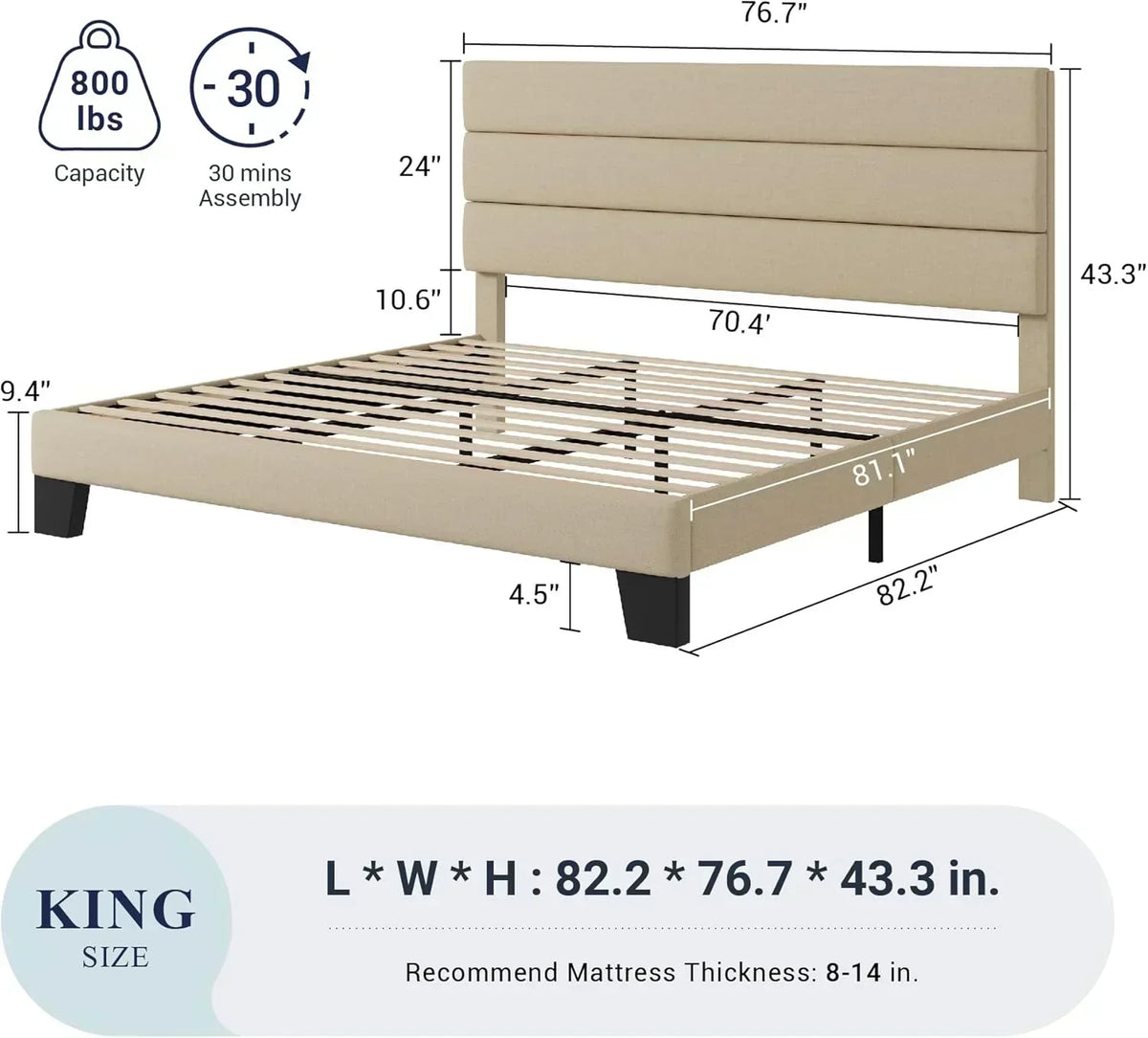 Allewie Queen Size Platform Bed Frame with Fabric Upholstered Headboard Wooden Slats Support