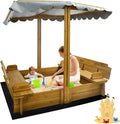 Kids Sandbox with Lid Wooden Sand Box Cover Outdoor UV-Protection Natural Wood Foldable Bench Seat