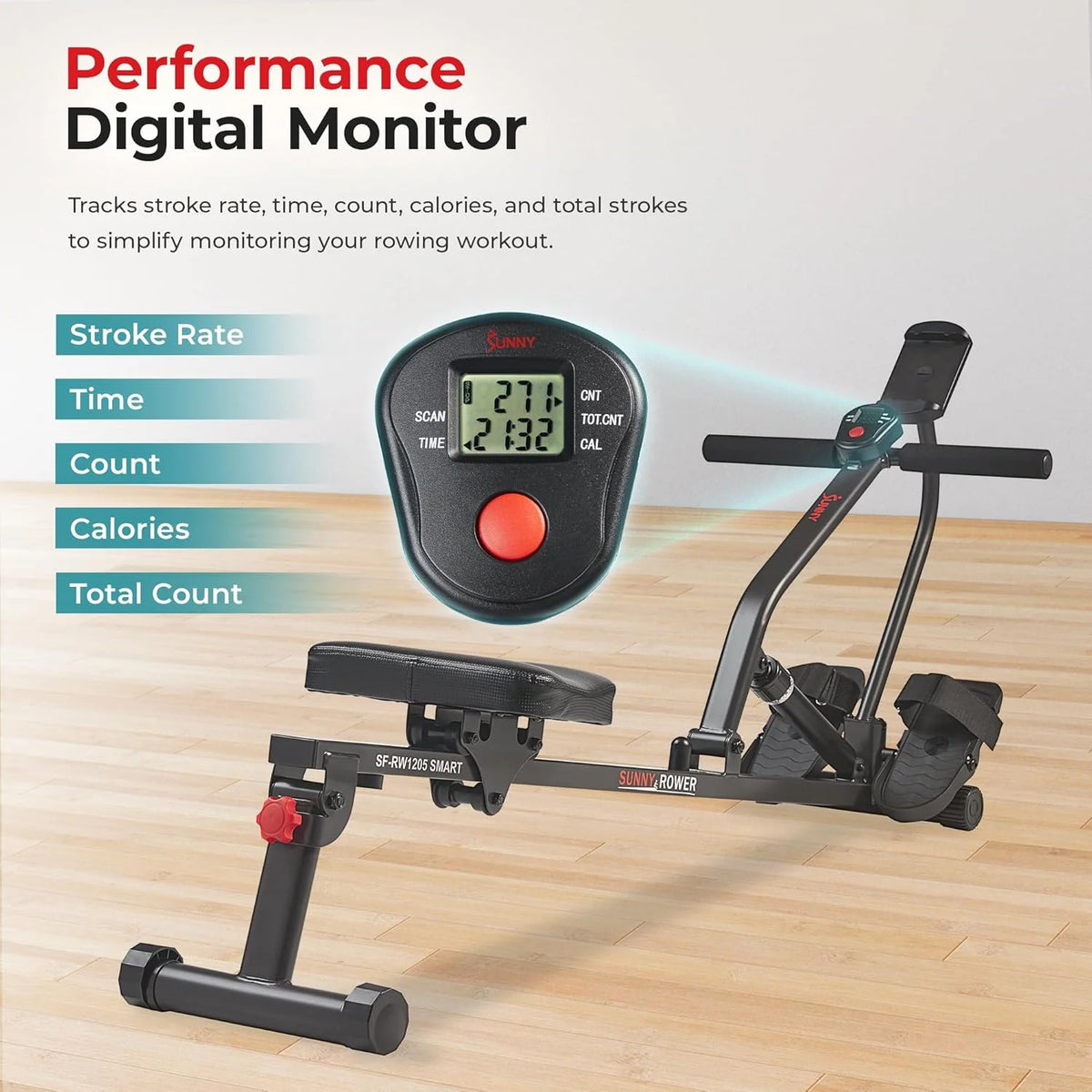 Sunny Health & Fitness Compact Adjustable Rowing Machine with 12 Levels of Resistance for Complete Body Workouts and Optional Free SunnyFit App Enhanced Connectivity