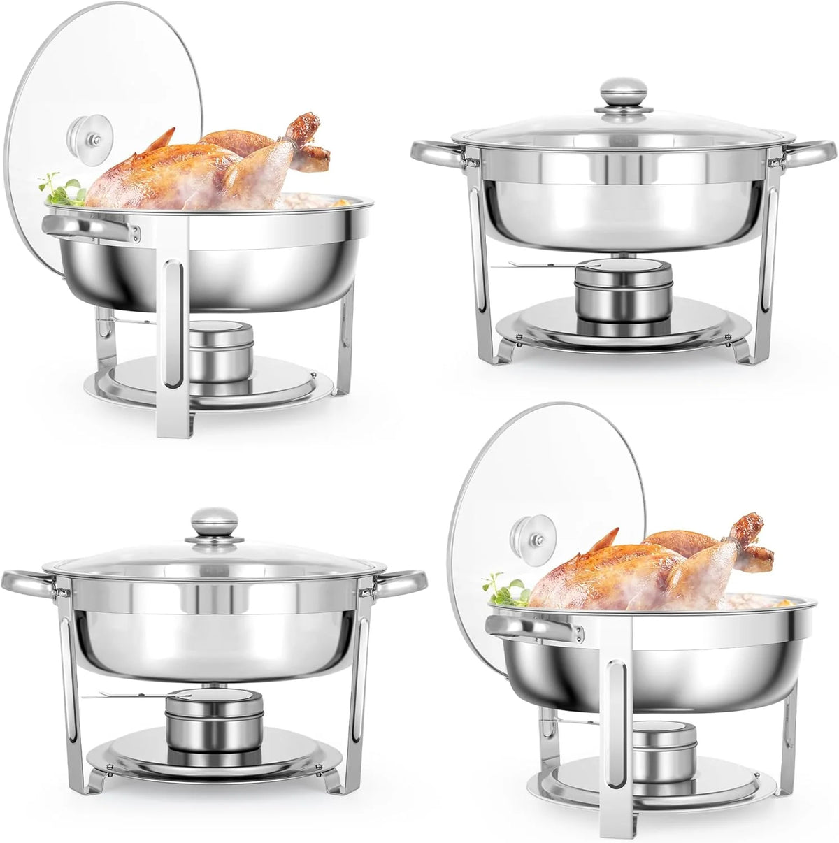 5 QT Chafing Dishes, 4 Pack Premium Stainless Steel Complete Set, Round Chafing Dish Buffet Set, Heating and Cooling Chafing Dish for Gatherings Banquets, Buffets, Parties, Weddings