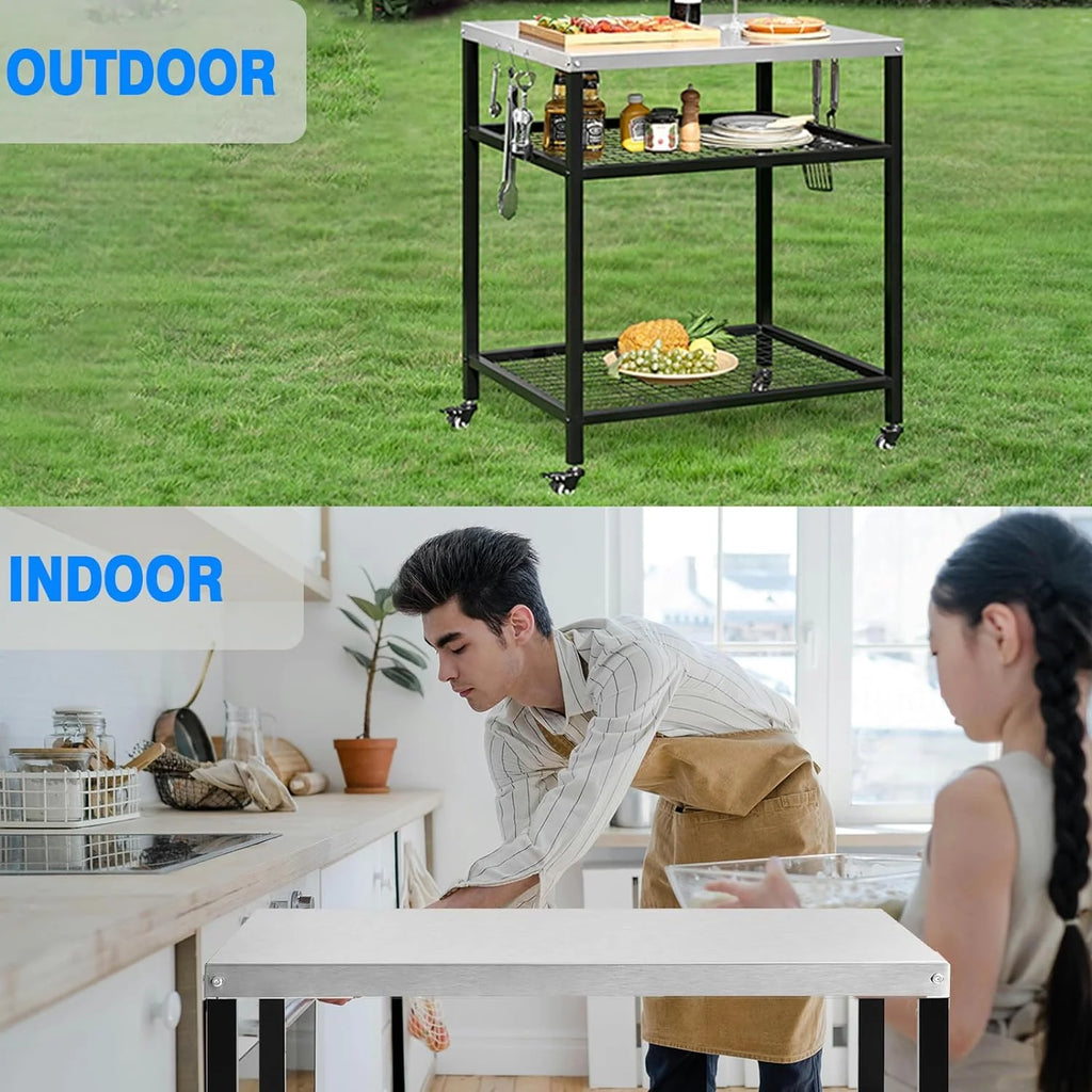 Stainless Steel Outdoor Grill Cart Pizza Oven Stand Trolley Table with Wheels Three-Shelf Movable Food Prep and Work Table Heavy Duty Grill Carts Outdoor Cart 31.5×24×35.5