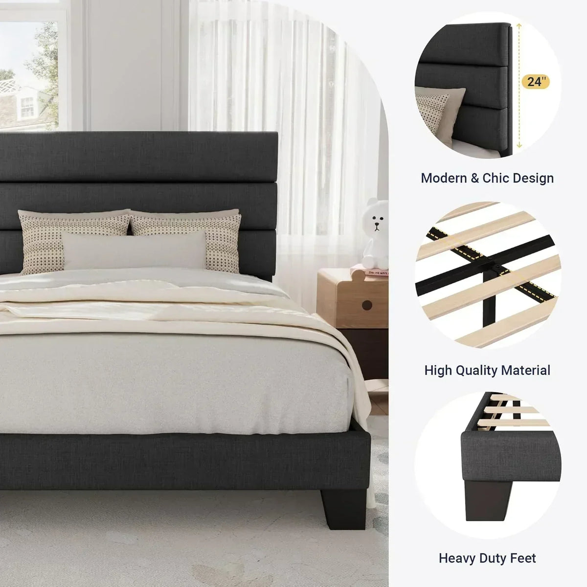 Allewie Queen Size Platform Bed Frame with Fabric Upholstered Headboard Wooden Slats Support