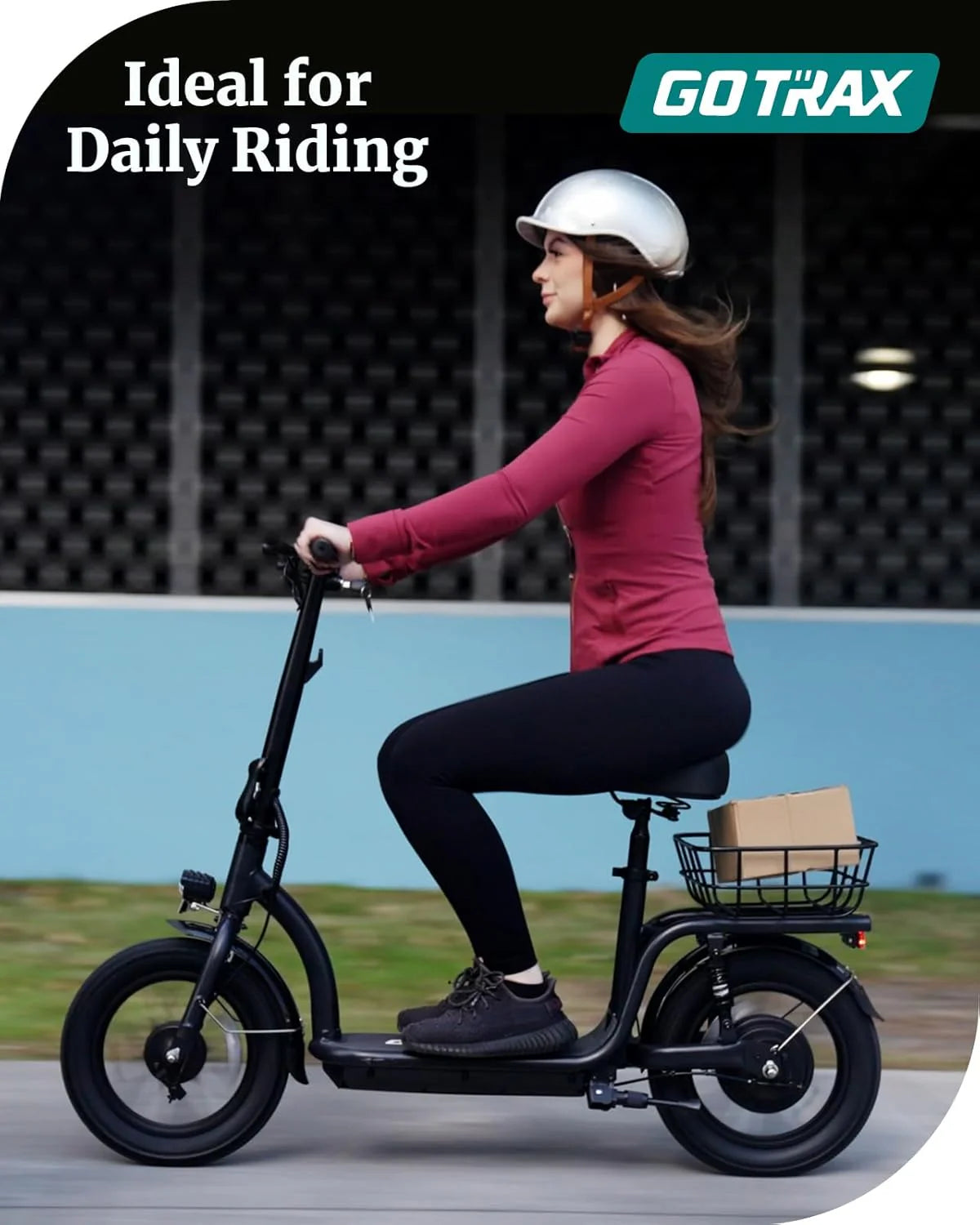 Gotrax adult electric scooter with seat, maximum range of 19-25 miles, all-terrain tires, wide pedals, padded seat, and carrycot