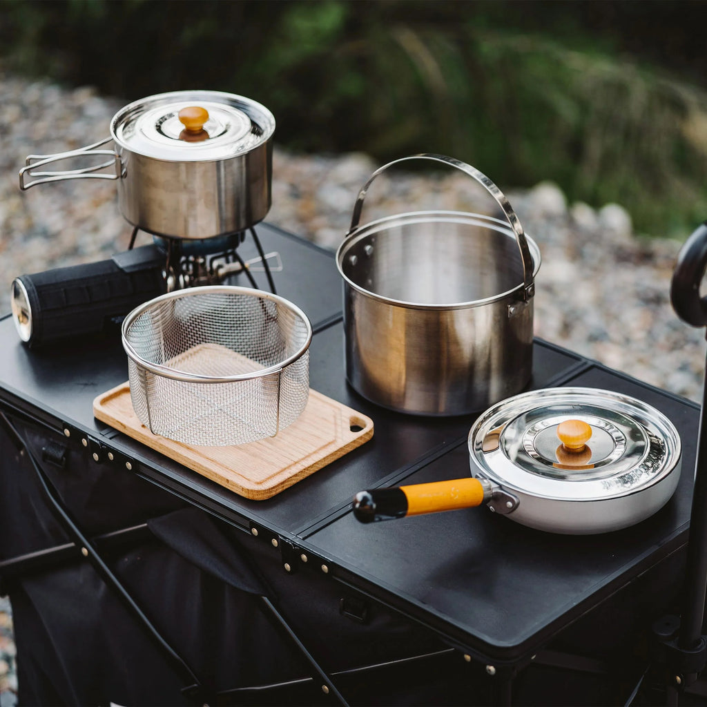 5 Piece Stainless Steel Camping Cookware Set with Frying Pan and Storage Bag for 3 to 5 People