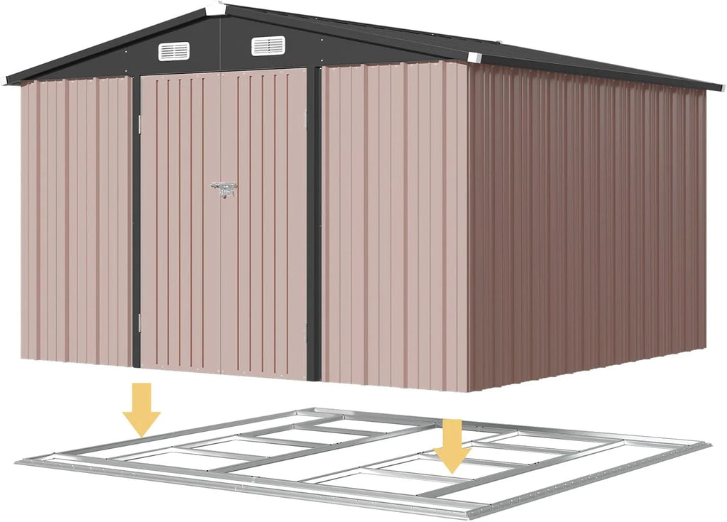 Aoxun 12x10 FT Shed Metal Outdoor Waterproof Storage Shed Steel Utility Garden Tool Shed with Door & Lock Outdoor Storage for Garden Patio Lawn Poolside, Brown