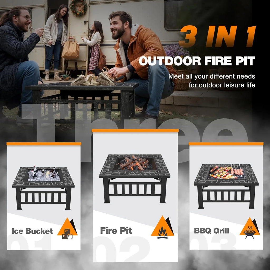 Devoko Outdoor Fire Pit, 32 Inch Firepit Table Metal Outdoor Fireplaces with Waterproof Cover for Outside Patio Camping