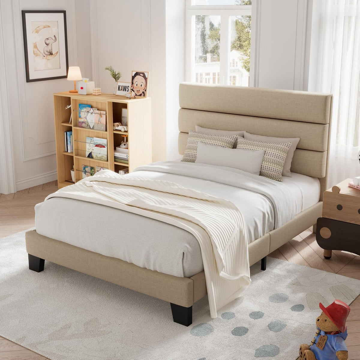 Allewie Queen Size Platform Bed Frame Fabric Upholstered Headboard Wooden Slats Support