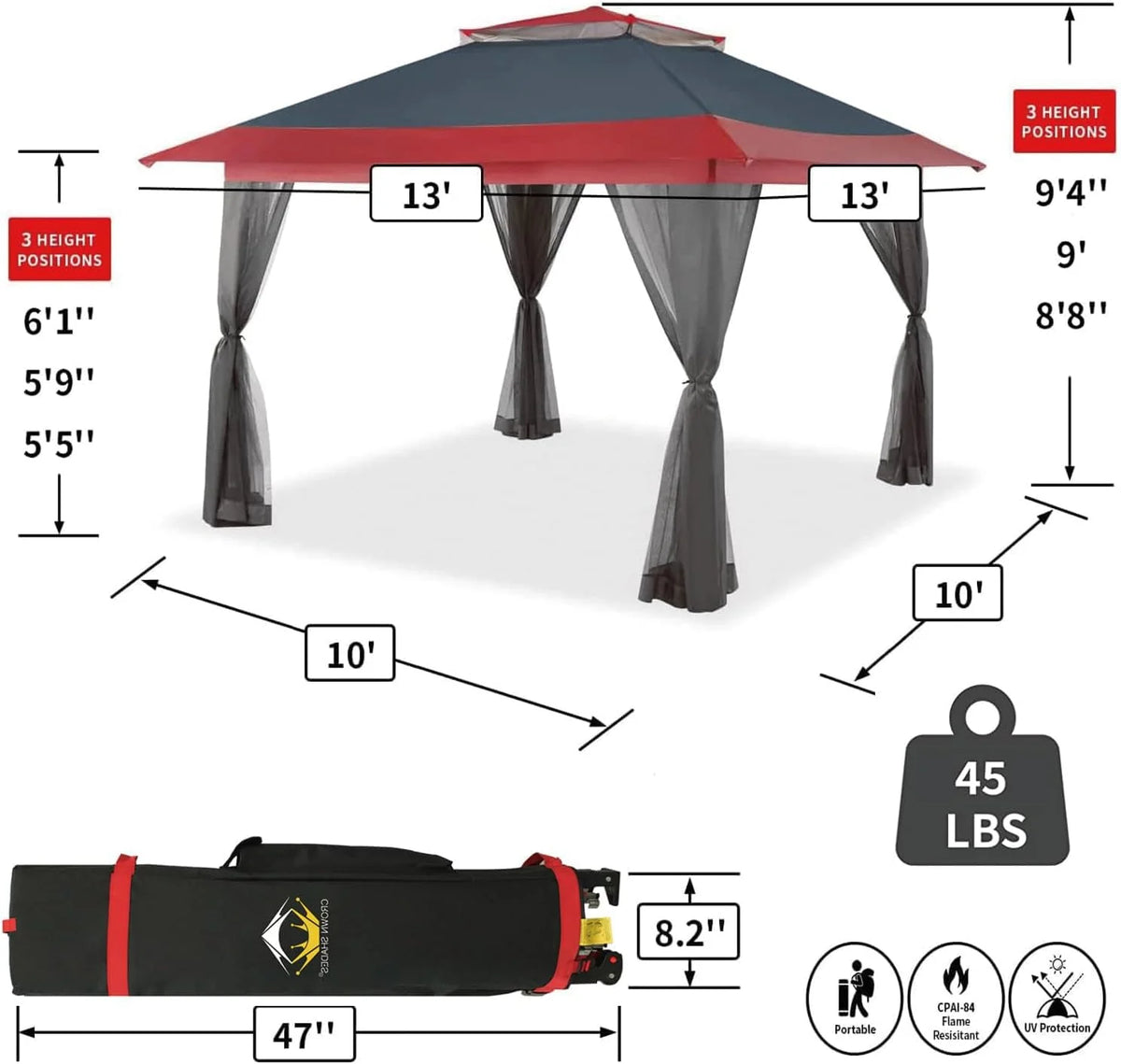 CROWN SHADES 13x13 Pop Up Gazebo, Canopy Tent, Gazebos on Clearance - Outdoor Gazebo for Backyard & Patio Furniture - Carpa Pop Up Tent with Wheeled STO-N-Go Cover Bag (White)