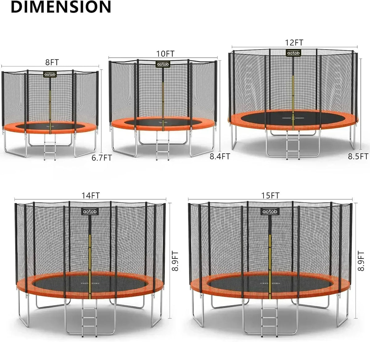 AOTOB 8FT 10FT 12FT 14 FT 15FT Trampoline with Safety Enclosure Net Outdoor Trampoline