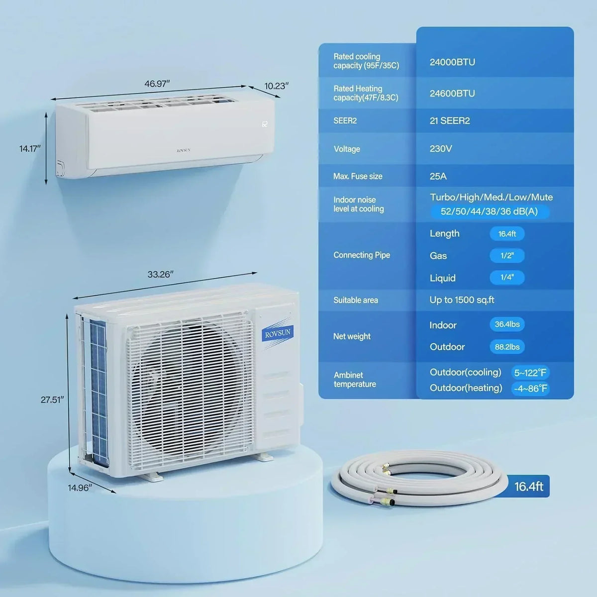 ROVSUN 9000 BTU Wifi Enabled Mini Split Air Conditioner Heater Inverter 19 SEER2 Energy Saving