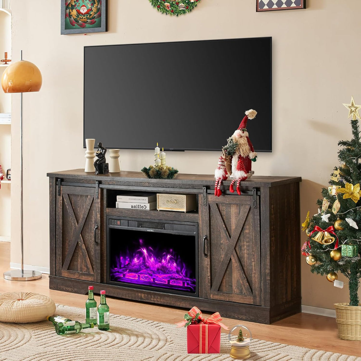 AMERLIFE Fireplace TV Stand with Sliding Barn Door  Farmhouse 63 Fireplace Entertainment Center