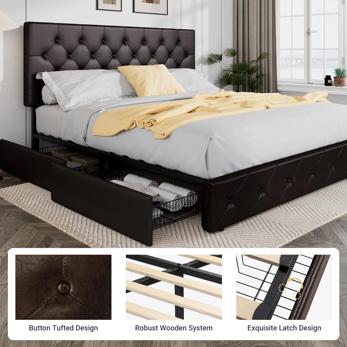 Allewie Upholstered Queen Size Platform Bed Frame with 4 Storage Drawers and Headboard