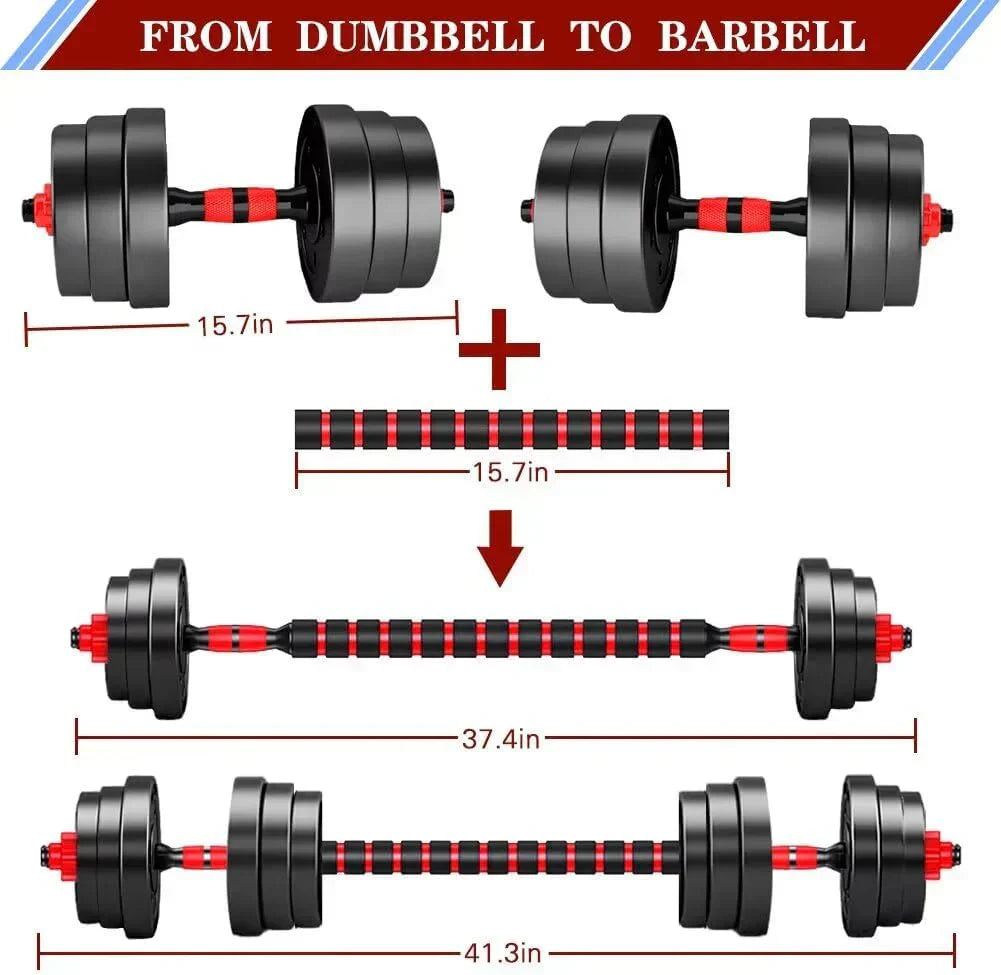 Adjustable dumbbell set, free weight dumbbell pair convertible into barbell