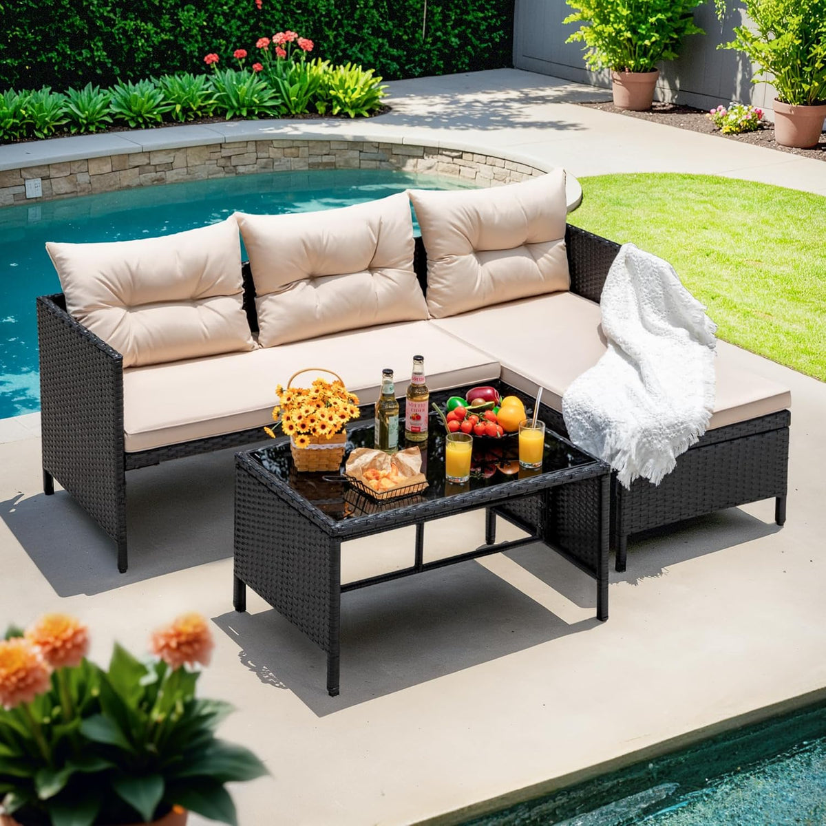Devoko Outdoor Patio Furniture 3-Piece Rattan Waterproof Outdoor Sectional Sofa All-Weather L Shaped Patio Couch with Cushion Glass Table for Balcony, Garden (Beige)