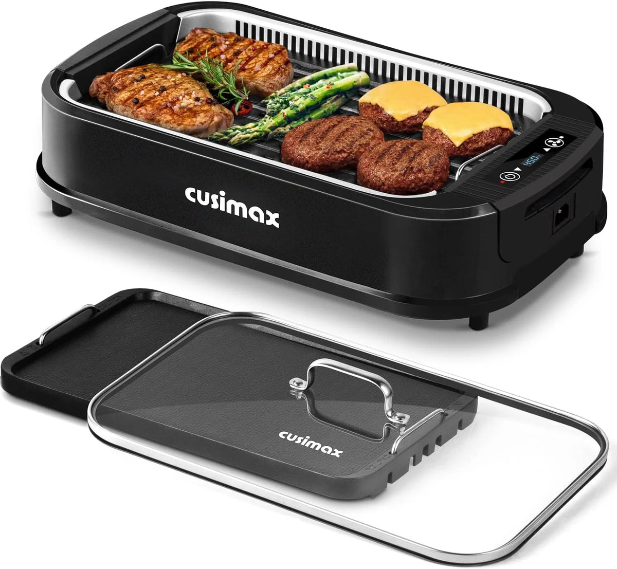 Indoor Grill, CUSIMAX Smokeless Grill Indoor, 1500W Electric Grill Griddle Korean BBQ with LED Smart Display & Tempered Glass Lid, Non-stick Removable Grill Plate & Griddle Plate, Black