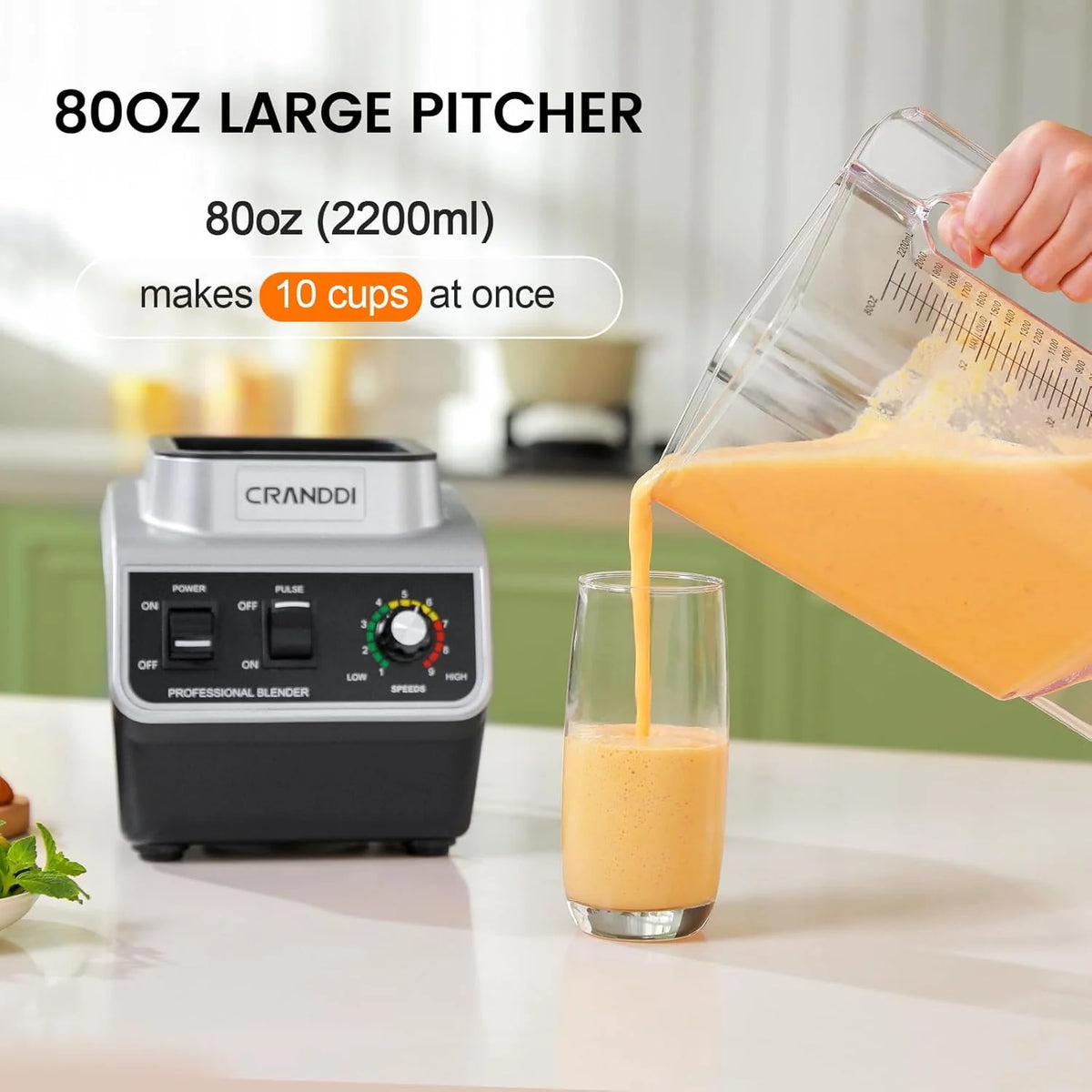 CRANDDI Professional Commercial Blender, Max 1500W, 80oz Pitcher, Powerful Blender