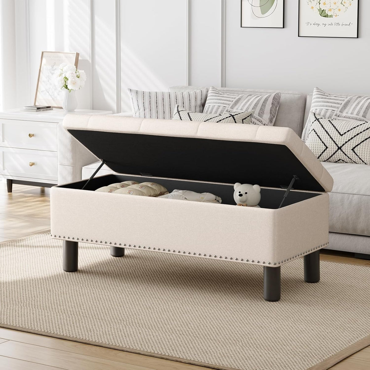Furniliving Modern Storage Ottoman Bench, Sherpa Ottoman End of Bed Bench with Solid Wood Legs Upholstered Ottoman Benches with Storage Indoor Bench