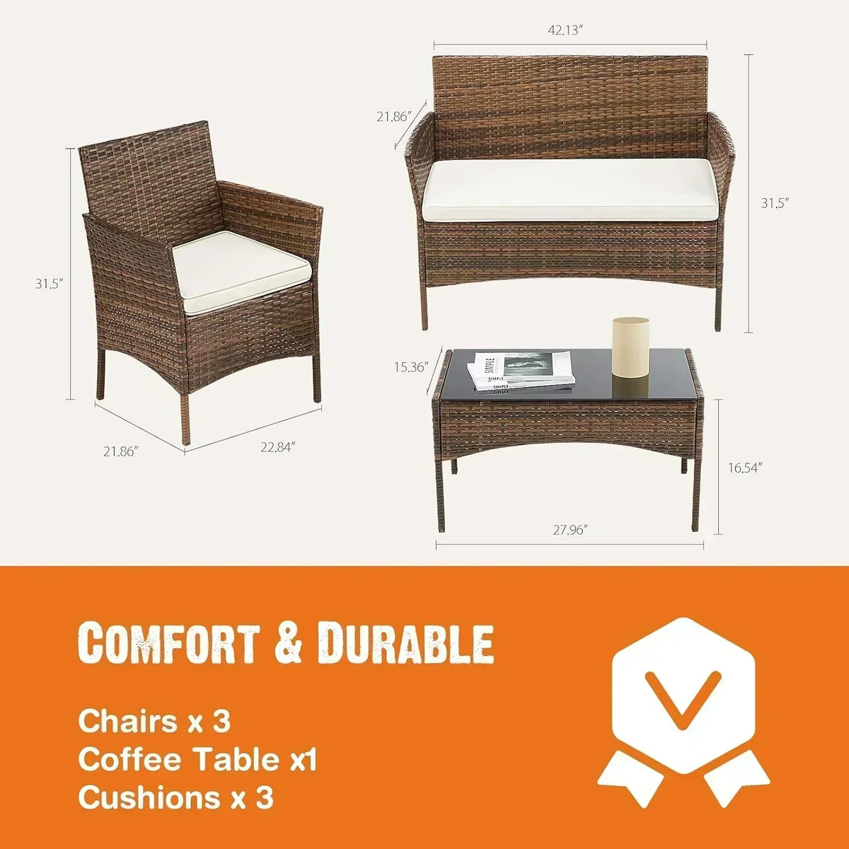 Sweetcripy Patio Furniture Set 3 Pieces Outdoor Furniture with Soft Cushion and Glass Table