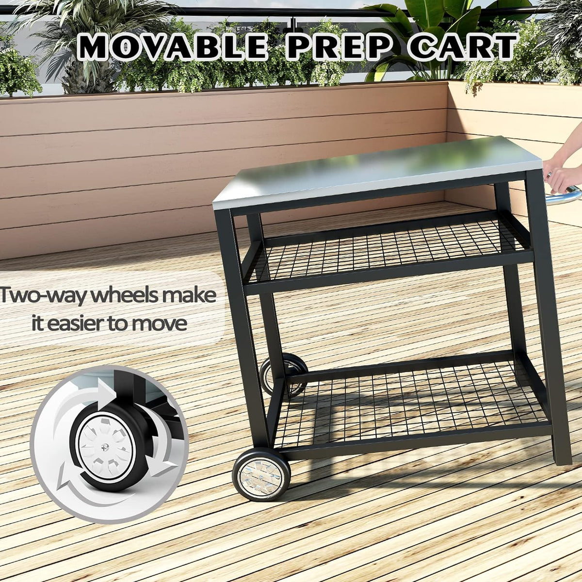 Stainless Steel Outdoor Grill Cart Pizza Oven Stand Trolley Table with Wheels Three-Shelf