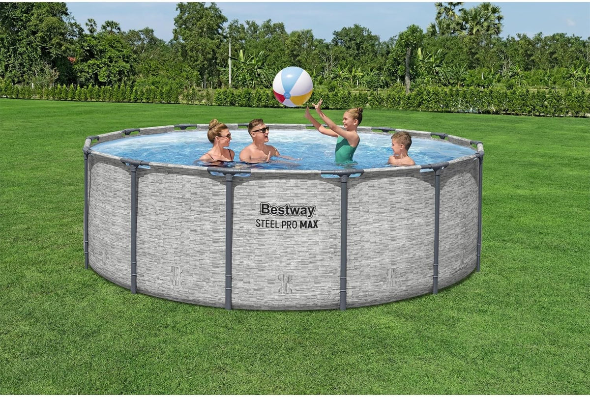 Steel Pro MAX 14 Foot x 48 Inch Round Metal Frame Above Ground Outdoor Swimming Pool Set with 1,000 Filter Pump, Ladder, and Cover, Gray