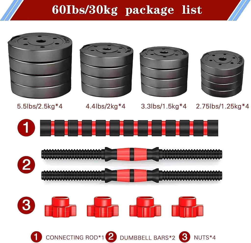 Adjustable dumbbell set, free weight dumbbell pair convertible into barbell