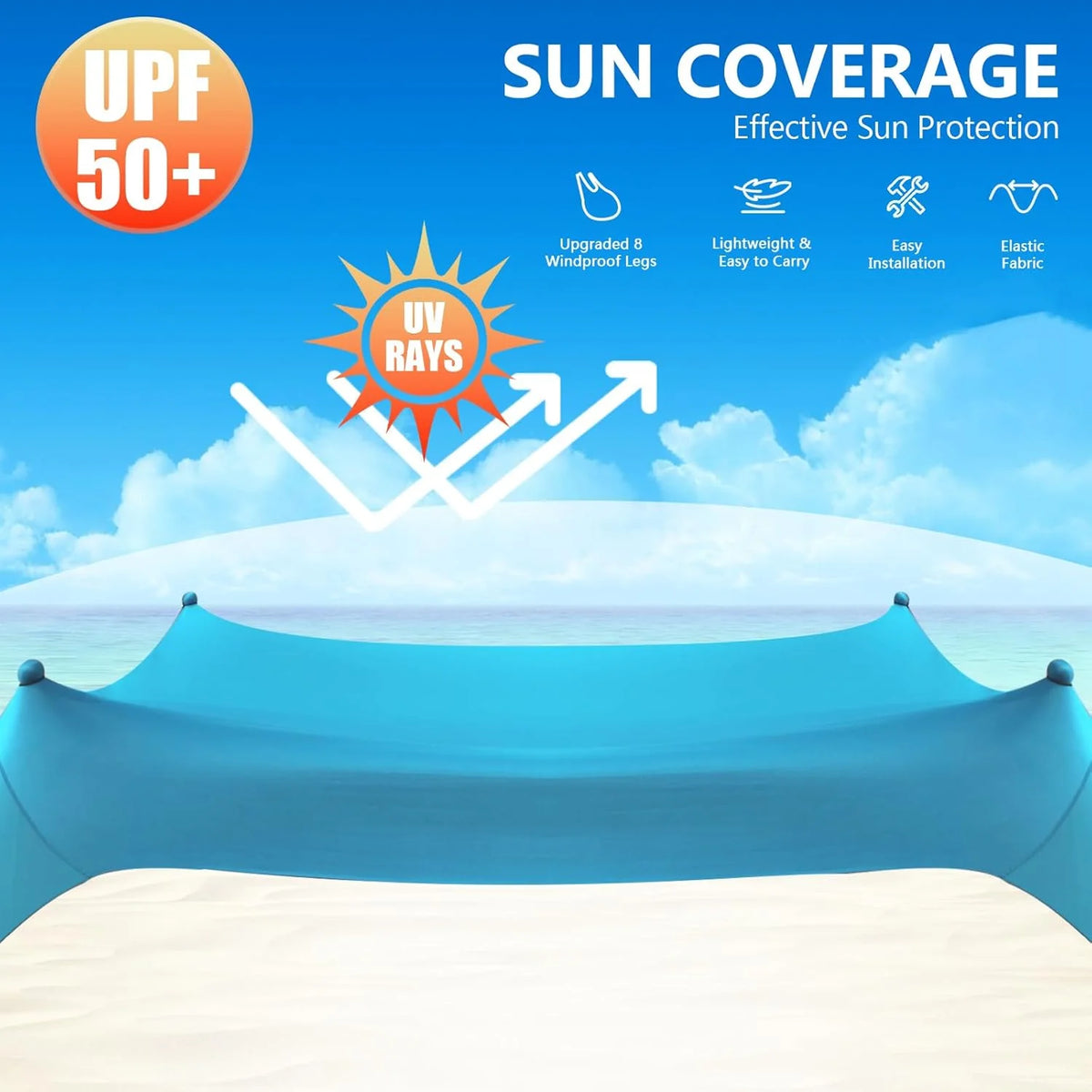 Beach Tent Sun Shelter, 10 x 10 FT Beach Canopy Tent Sun Shade Heavy Duty, UPF50+ Beach Tent Canopy with 8 Sandbags & 4 Stability Poles, Outdoor Beach Shade Canopy for Camping and Fishing, Blue