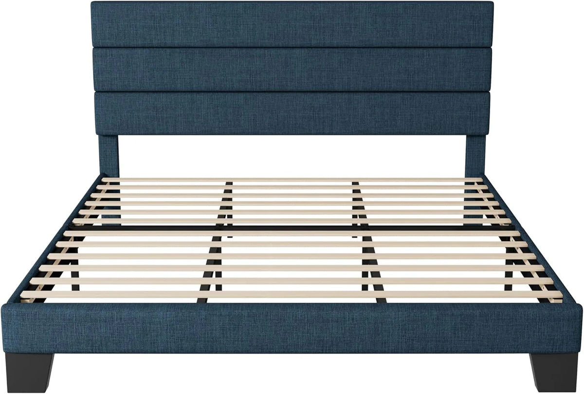 Allewie Queen Size Platform Bed Frame Fabric Upholstered Headboard Wooden Slats Support