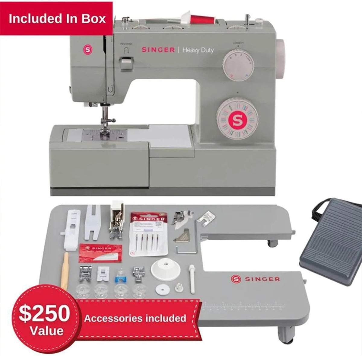 SINGER Heavy Duty 4452 High Speed Sewing Machine With Accessory Kit | Strong Motor with Enhanced Piercing Power, 110 Stitch Applications, Full Metal frame, 1-step Buttonhole & LED Lights