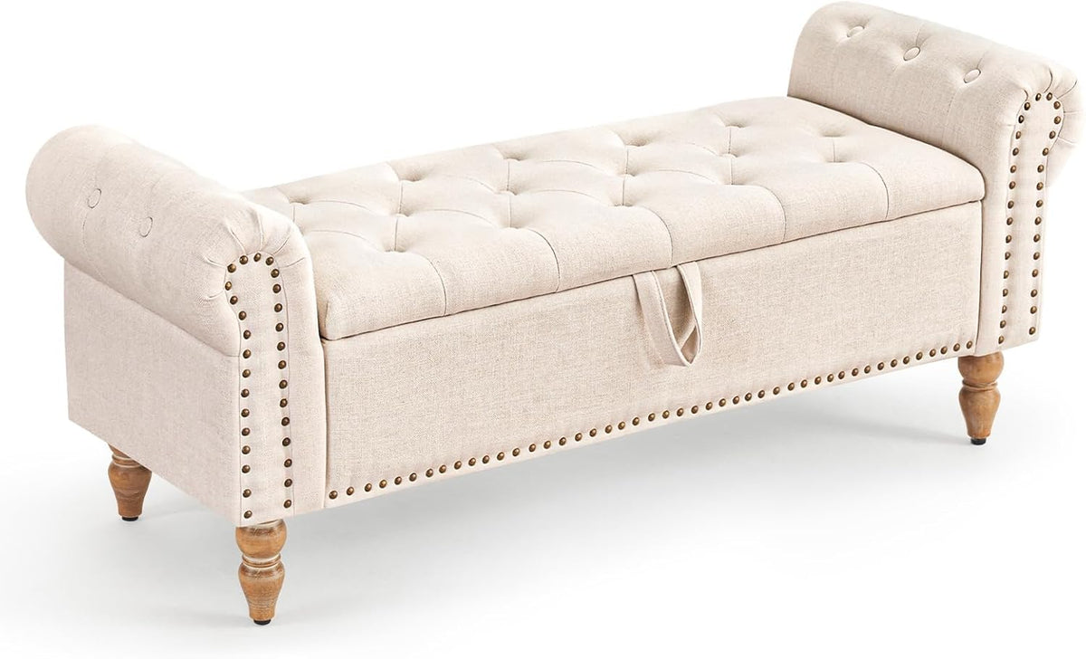 Furniliving Modern Storage Ottoman Bench, Sherpa Ottoman End of Bed Bench with Solid Wood Legs Upholstered Ottoman Benches with Storage Indoor Bench