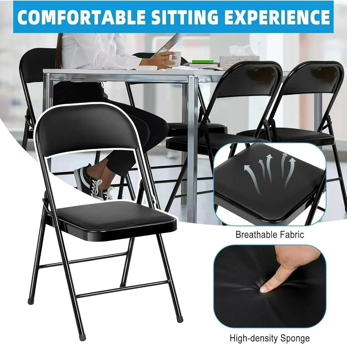 6 Pack Black Folding Chairs with Leather Chairs Events Office Wedding Party Upholstered Chairs