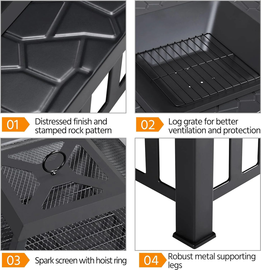 Yaheetech Multifunctional Fire Pit Table 32in Square Metal Firepit Stove Backyard Patio Garden Fireplace for Camping, Outdoor Heating, Bonfire and Picnic