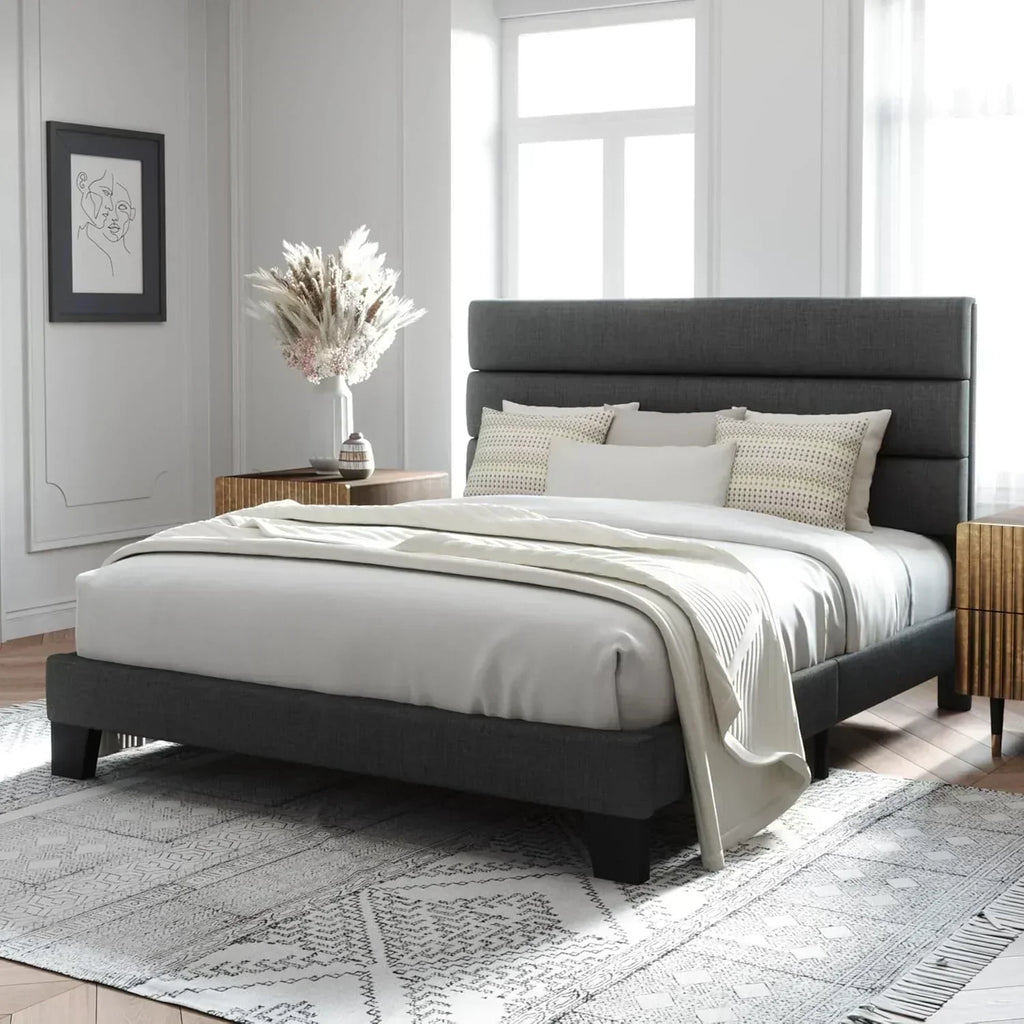 Allewie Queen Size Platform Bed Frame with Fabric Upholstered Headboard Wooden Slats Support