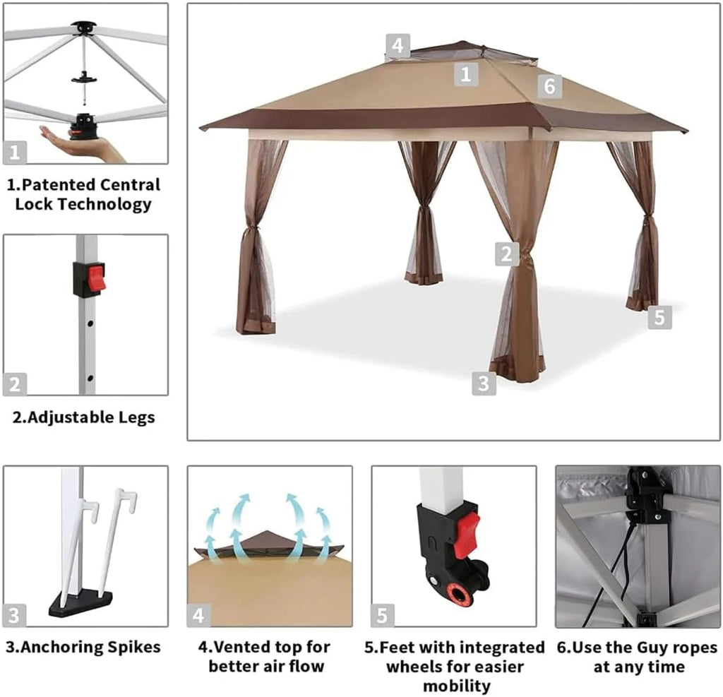 CROWN SHADES 13x13 Pop Up Gazebo, Canopy Tent, Gazebos on Clearance - Outdoor Gazebo for Backyard & Patio Furniture - Carpa Pop Up Tent with Wheeled STO-N-Go Cover Bag (White)