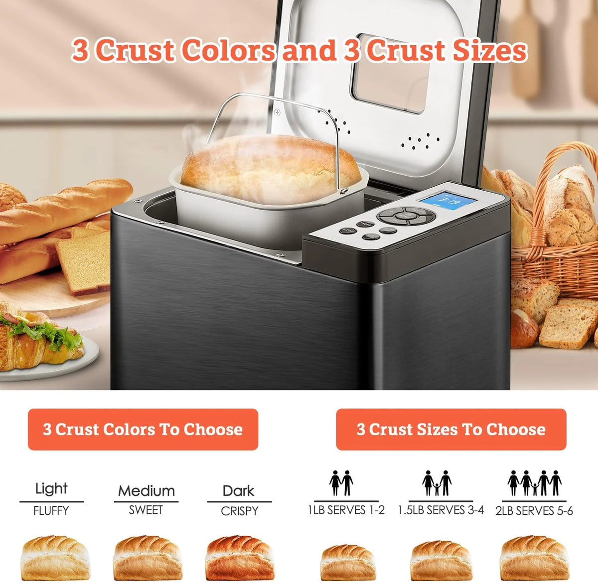 KBS 2LB Bread Maker, 19-in-1 Automatic Stainless Steel Bread Maker with Ceramic Pot, 650W Bread Maker, 3 Loaf Sizes