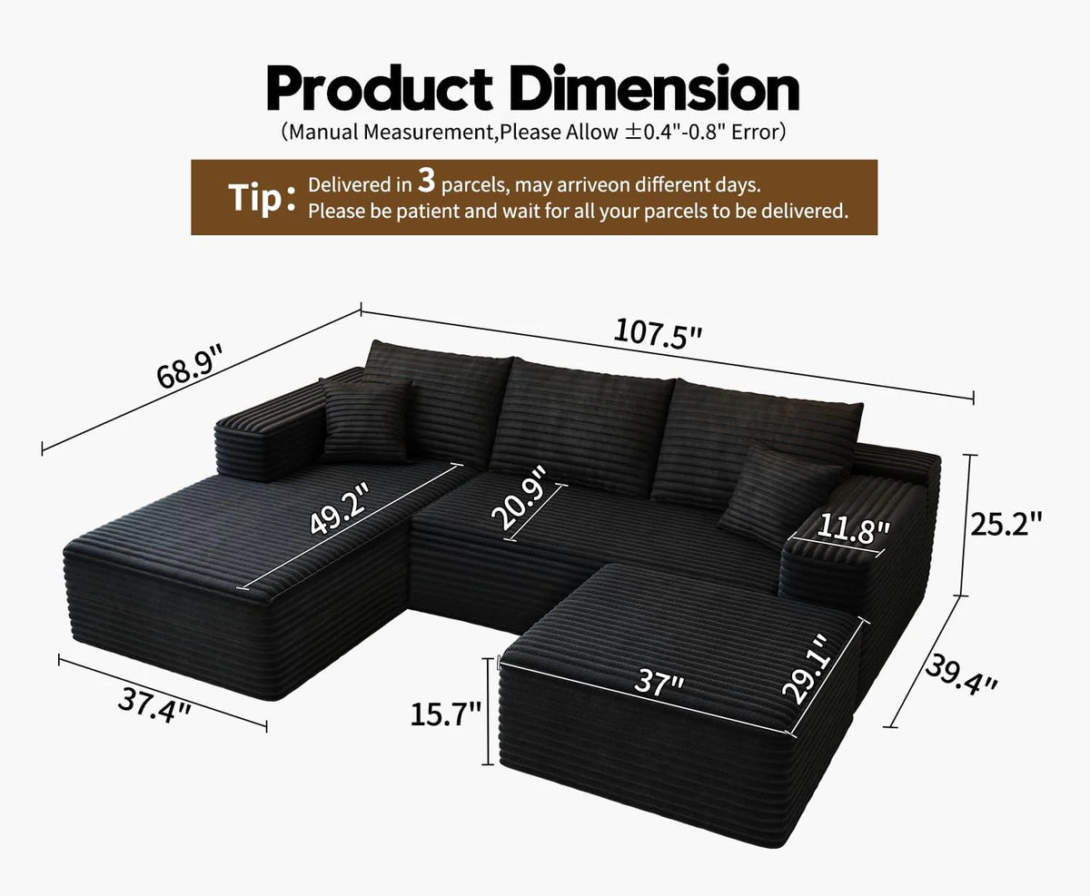 107.5 inch Cloud Modular Sectional Sofa with L-Shaped Chaise Lounge, Modern Minimalist Upholstered Sofa Deep Seating Corner Sofa