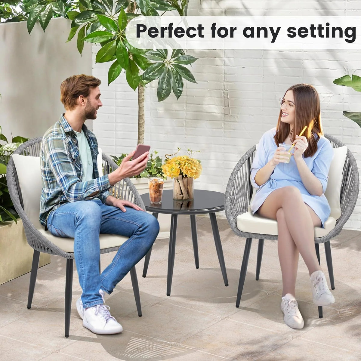 3 Piece Bistro Set, Woven Rope Chair with Cushions, All Weather Patio Conversation Set with Side Table, Ideal for Deck, Balcony, Poolside, Black