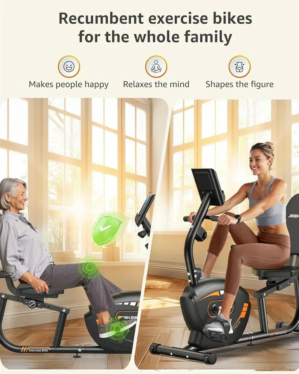 JEEKEE Recumbent Exercise Bike for Adults Seniors Indoor Magnetic Cycling Fitness Equipment