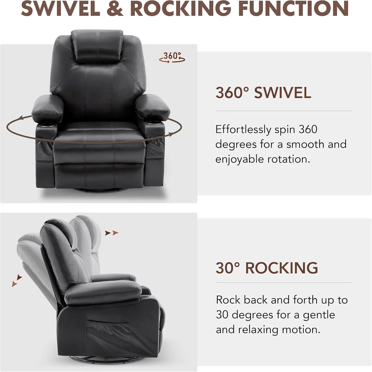 Large Swivel Rocking Recliner with Heating and Massage Function, 360 Degree Swivel Rocking Single Sofa