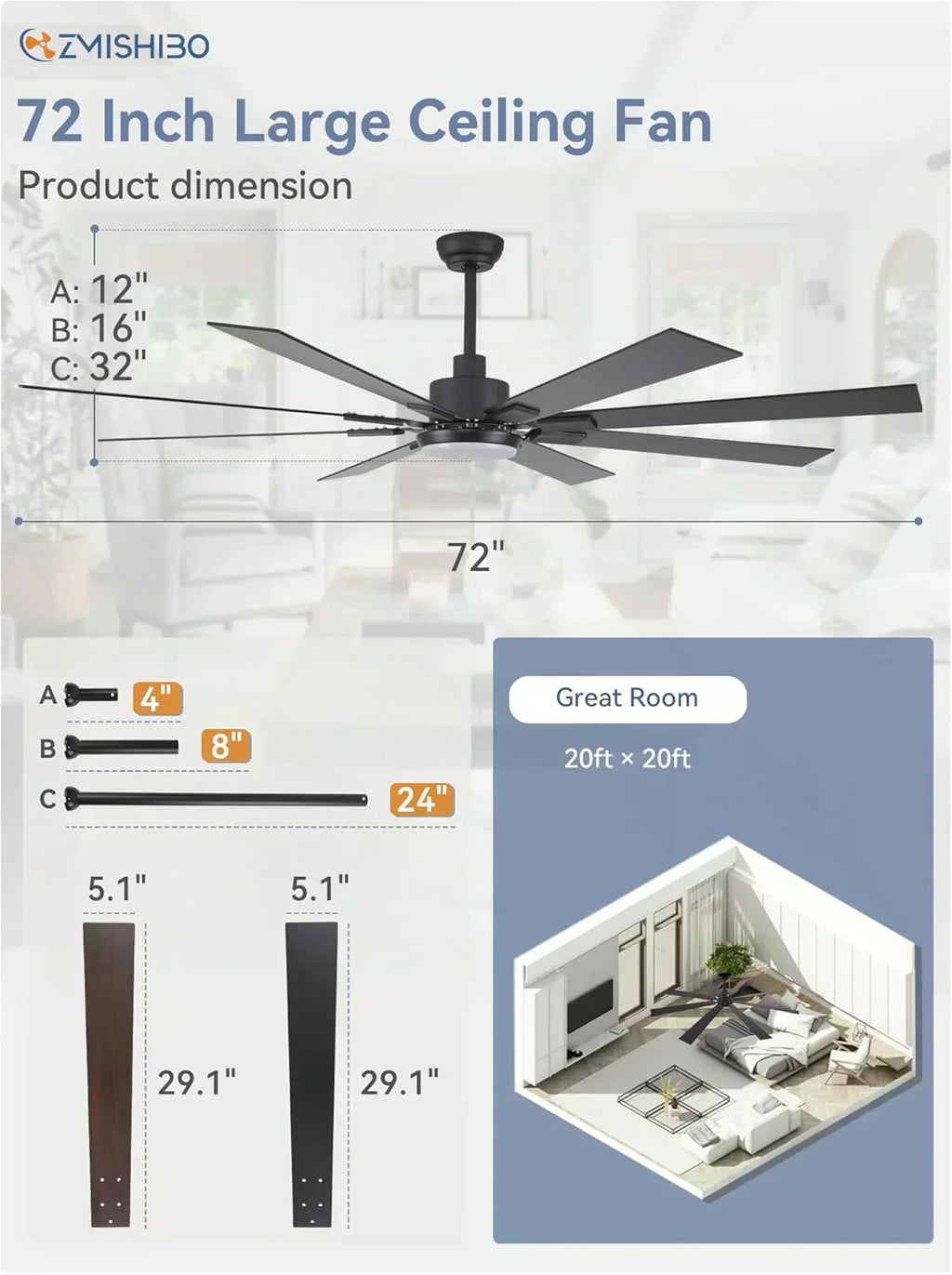 Zmishibo 72-inch large ceiling fan with lighting and remote indoor/outdoor