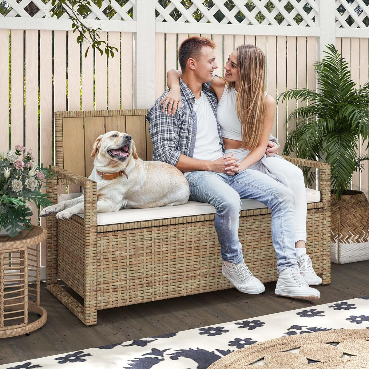DWVO 70Gal Outdoor Storage Bench with Cushion & Composite Wood Backrest, All-Weather Wicker Deck Bench with Rustproof Bag, Poolside, Patio, Garden (Sand Beige)