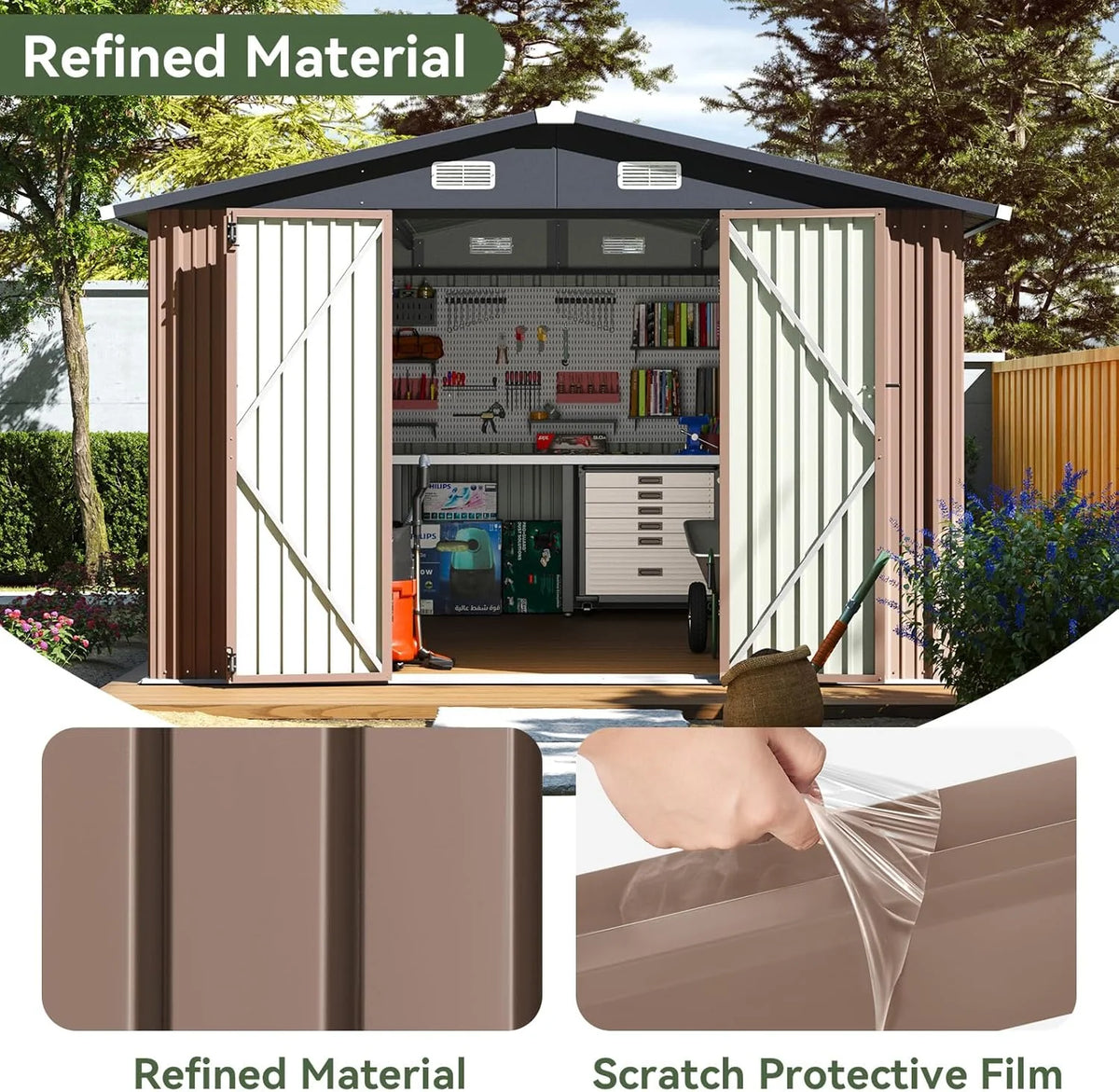Aoxun 12x10 FT Shed Metal Outdoor Waterproof Storage Shed Steel Utility Garden Tool Shed with Door & Lock Outdoor Storage for Garden Patio Lawn Poolside, Brown