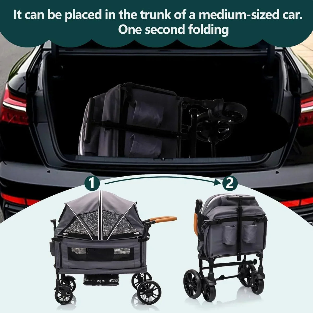 Wagon Stroller for 2 Kids Cargo-Travel Stroller Push-Pull Double Wagon Lightweight Folding Stroller