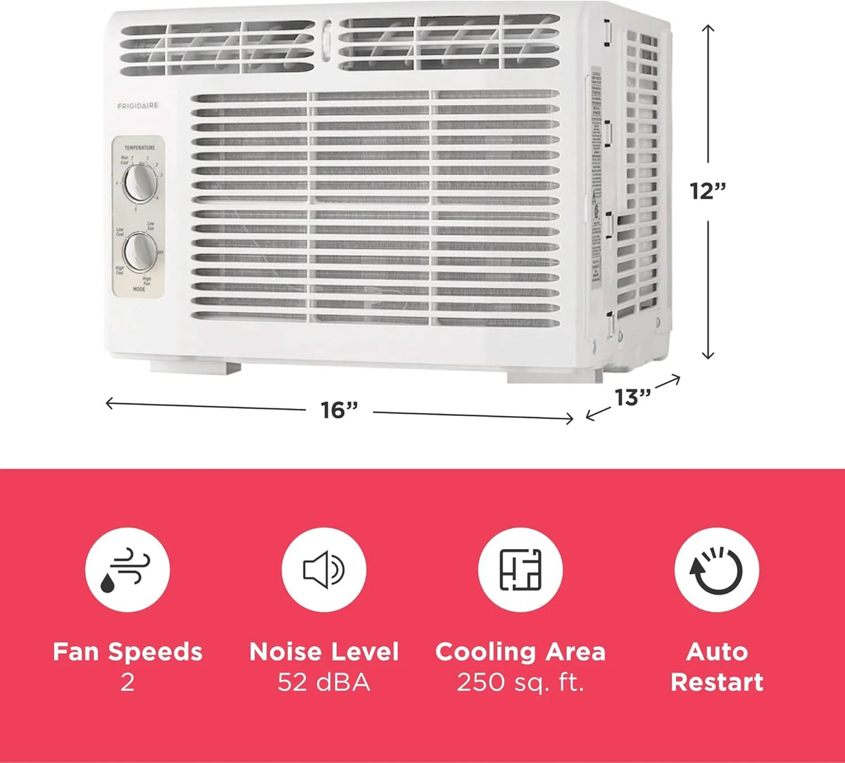 Frigidaire 5,000 BTU Window Air Conditioner with Remote Control, Cools Up to 150 Sq. Ft., Quiet Operation, Eco Mode, 3 Fan Speeds, Auto Restart, White