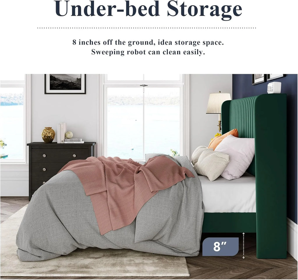 Allewie Full Size Velvet Bed Frame Vertical Channel Tufted Wingback Headboard Upholstered Bed