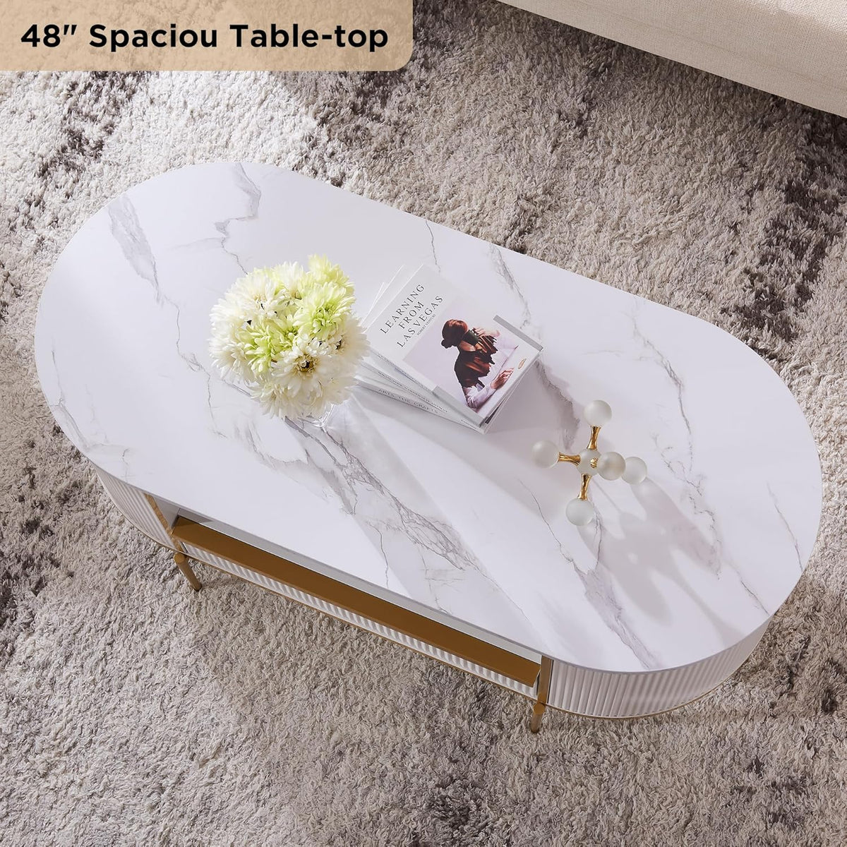 OKD Modern Luxury Grooved Coffee Table 48 Inch Oval Coffee Table Drawers Imitation Marble Top