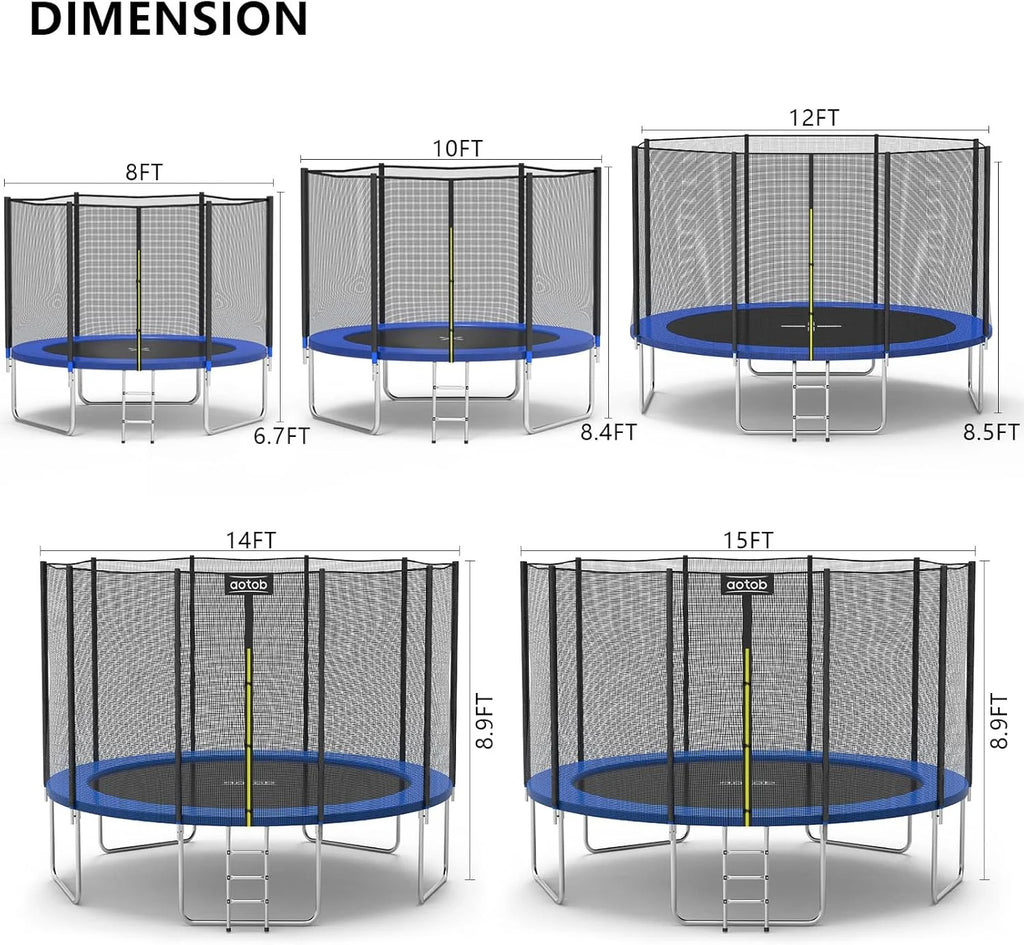 AOTOB 8FT 10FT 12FT 14 FT 15FT Trampoline with Safety Enclosure Net，Outdoor Trampoline with Basketball Hoop, Heavy Duty Jumping Mat and Spring Cover Padding for Kids and Adults, Storage Bag and Ladder