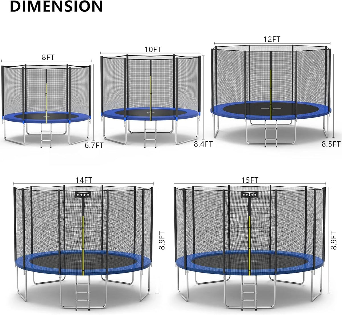 AOTOB 8FT 10FT 12FT 14 FT 15FT Trampoline with Safety Enclosure Net，Outdoor Trampoline with Basketball Hoop, Heavy Duty Jumping Mat and Spring Cover Padding for Kids and Adults, Storage Bag and Ladder