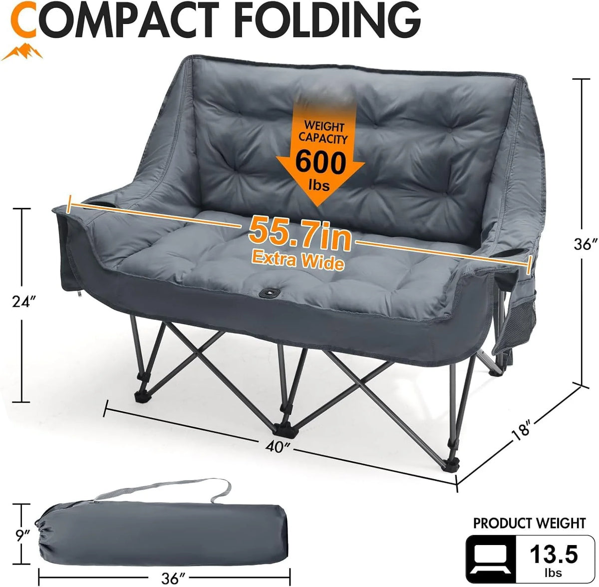 Double Camping Chair for Two Adults Folding Padded Loveseat with Cup Holders and Carry Bag 600 lbs