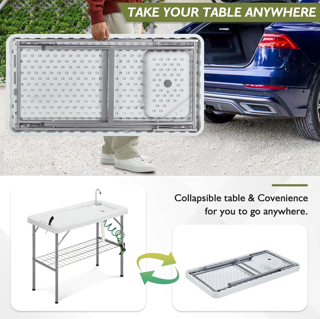Folding Fish Cleaning Table Portable Camping Sink Table with Faucet Drain Hose and Sprayer Outdoor Fish Fillet Cleaning Station