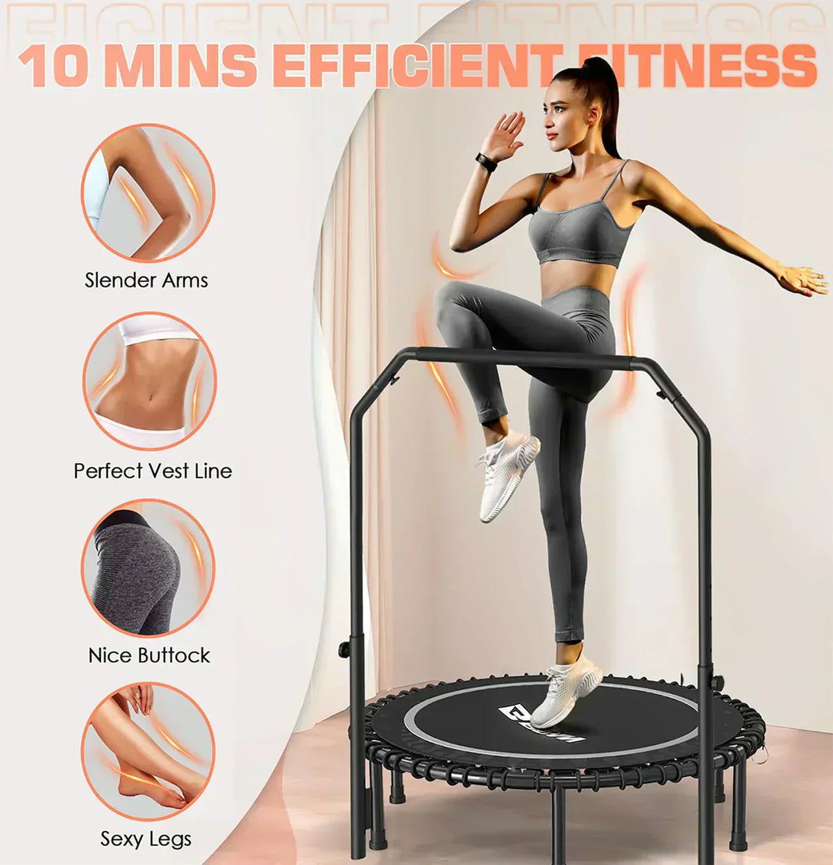 BCAN 450/550 LBS Foldable Mini Trampoline Fitness Trampoline Bungees Adjustable Foam Handle